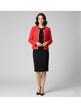 NWT St. John Basics Tweed Knit Jacket in Hibiscus Red Pearl Button Sweater 12